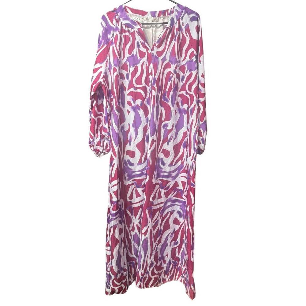 Fashion Style Pink Purple Abstract Swirl Print Long Sleeve Maxi Dress Size 2XL